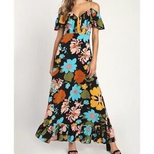 Lulus Got the Flower Black Floral Ruffled Cold-Shoulder Maxi Dress Size Large